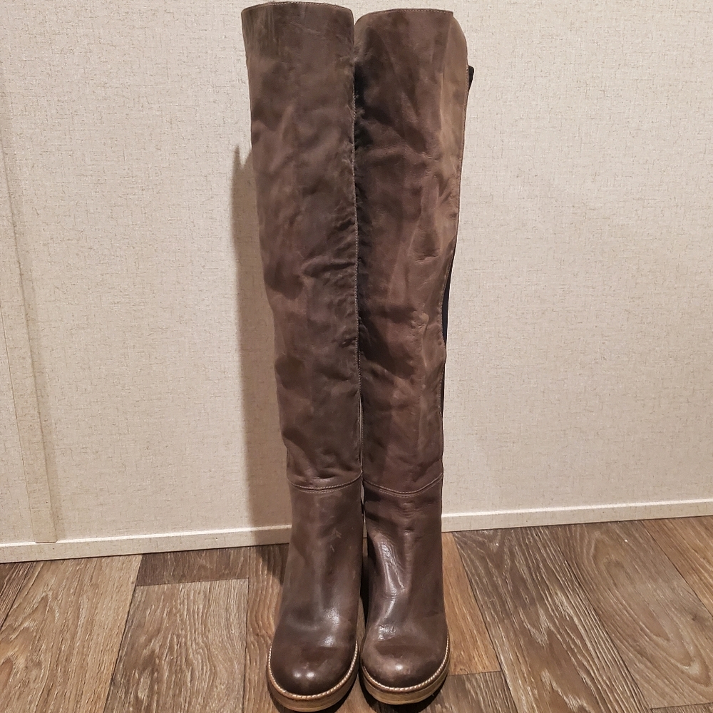 Free People Landry Taupe Brown Leather Tall Knee Boots | Stretch Back | MTNG